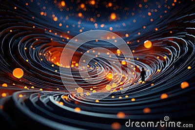 A man standing in the middle of a spiral of orange lights, AI Stock Photo