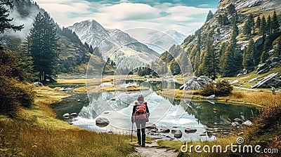 a man standing by a mountain lake, gazing at the sun rising over distant hills and clouds. Stock Photo