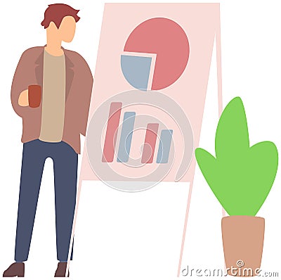 Man standing near flipchart with diagram. Businessman conducts presentation of statistical research Vector Illustration