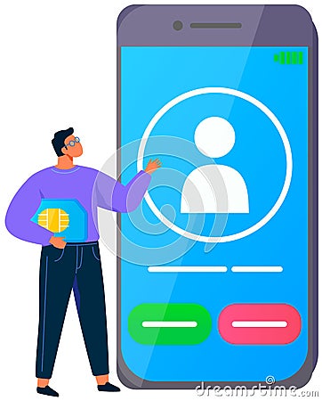 Man standing near smartphone with incoming call and finger touch screen. Receiving phone call Vector Illustration