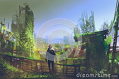 Man standing on old bridge in overgrown city Cartoon Illustration