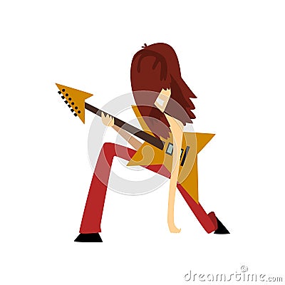 Man standing on one knee with electric guitar. Cartoon character of rocker with long brown hair. Funny guitarist Vector Illustration