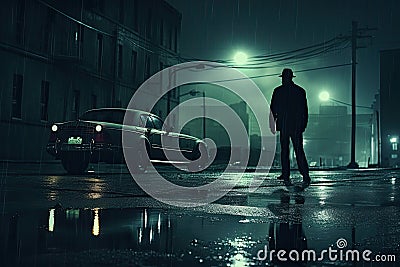 Man standing in the rain with a car on the street at night, policemen standing on the street corner overlooking a crime scene, Stock Photo