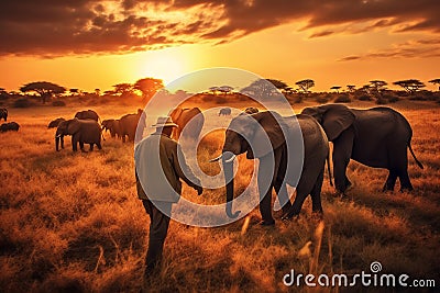 A man standing in savannah and looking at group of elephants generative AI Stock Photo