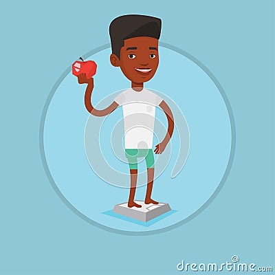 Man standing on scale and holding apple in hand. Vector Illustration