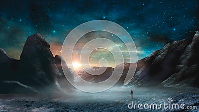 Man standing in sci-fi magical landscape with rock valey, star and sun. Digital painting illustration. Element furnished by NASA. Cartoon Illustration