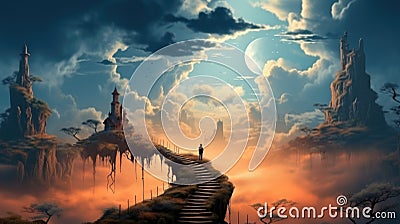 A man standing on a stairway leading to a castle, AI Stock Photo