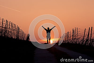 Man standing in sunset with arms in air Stock Photo