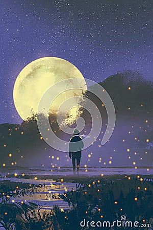 Man standing in swamp with fireflies Cartoon Illustration