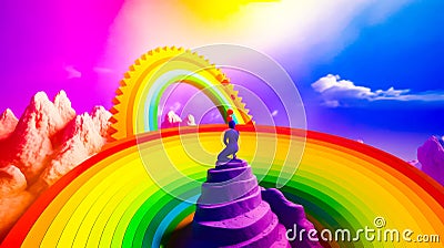 Man standing on top of giant purple cone in front of rainbow colored sky. Generative AI Stock Photo