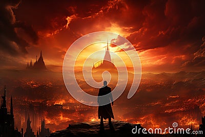 a man is standing on top of a hill in front of a sunset Stock Photo