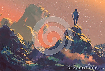 Man standing on top of the hill Cartoon Illustration