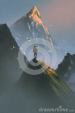 Man standing on top of mountain Cartoon Illustration