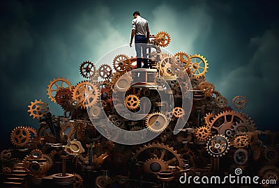 Man standing on top of a pile of gears Stock Photo