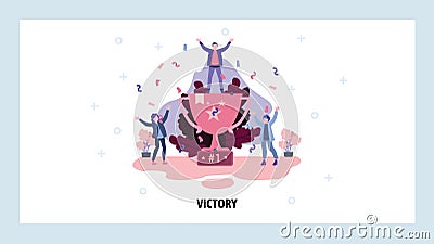 Man standing on a top of trophy celebrating victory. Business success concept. Award winner celebrates with his team Vector Illustration