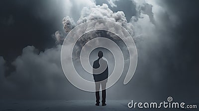 A Man Standing Under a Gloomy Dark Cloud, Mental Health Concept, Generative AI Stock Photo