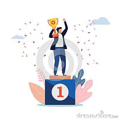 The man standing on a winners pedestal with a golden cup. People vector illustration. Flat cartoon character graphic design. Vector Illustration