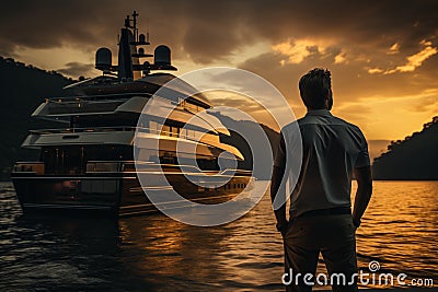 A man stands confidently in front of a majestic, towering boat on the shore. Stock Photo