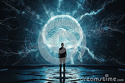 Man stands in front of a huge brain, connect to artificial intelligience, explosion of ideas, brainstorming for solutions Stock Photo