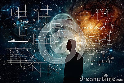 A man stands in front of an interactive whiteboard with physical and mathematical formulas. Science and the Universe Stock Photo