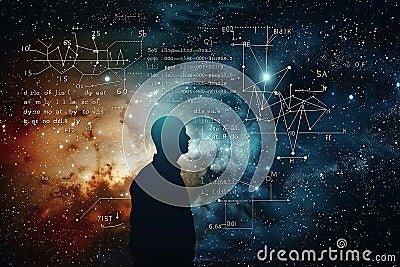 A man stands in front of an interactive whiteboard with physical and mathematical formulas. Science and the Universe Stock Photo