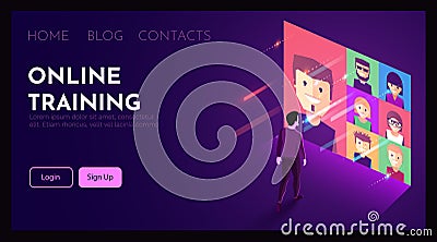 Man stands in front of large virtual display. Online meeting. Remote conversation concept. Vector Illustration
