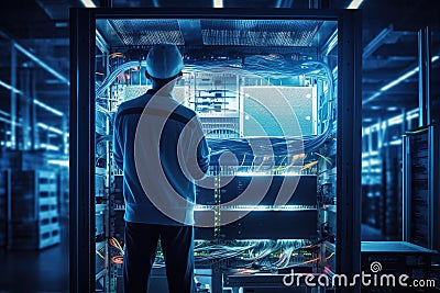 A man stands in front of a server in a busy server room, Portrait of smiling female technician in server room, AI Generated Stock Photo