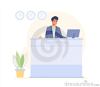 Man stands at the hotel reception desk and works at computer. Friendly male receptionist in the lobby Vector Illustration