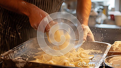 A man stands in a kitchen as he prepares pasta like Swabian Maultaschen or dumplings or ravioli Stock Photo