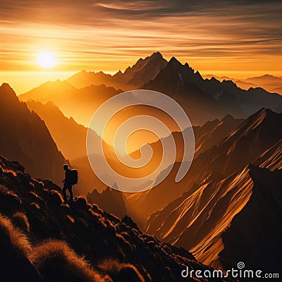 Man stands on mountain path with glorious sunset Stock Photo