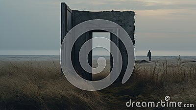 Door To Nowhere: A Captivating Photo Of A Muted Seascape With A Mysterious Door Stock Photo