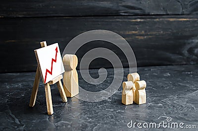 A man stands near the rack with a poster and a red arrow up. The teacher teaches the child. Education. Growth of indicators and pr Stock Photo