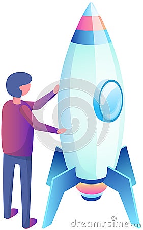 Man stands near rocket, space ship. Businessman conducting experiments with aircraft startup project Vector Illustration