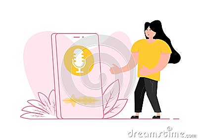 A man stands near the smartphone, on the screen audio Levels Lines. Podcast radio icon. Studio microphone, broadcast. Vector Illustration