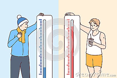 Man stands near thermometers showing different temperatures and feels heat or cold Vector Illustration