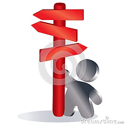 Man stands next to a red pillar with pointers in different directions, symbol, isolated object on a white background, vector Vector Illustration