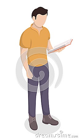 Man stands and reads a book. Isometric education hobby concept vector Vector Illustration