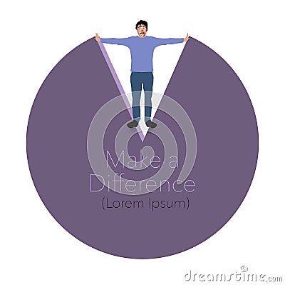 A man stands in a slice of a pie chart to make a difference in the statistics. Cartoon Illustration