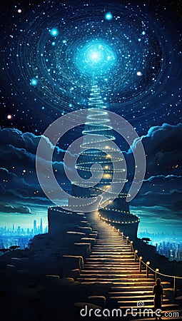 A man stands on a staircase leading up to a starry sky, AI Stock Photo