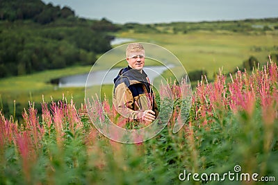 Man stands in thickets of fireweed at Kamchatka. Stock Photo