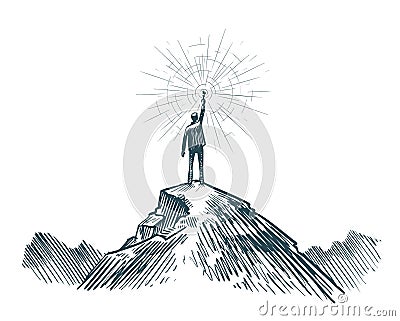 Man stands on top of mountain with torch in hand. Business, achieving goal, success, discovery concept. Sketch vector Vector Illustration