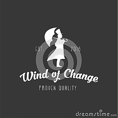 Man stands in the wind with Umbrella raincoat and cylinder is vector silhouette logo vintage modern style flat Vector Illustration