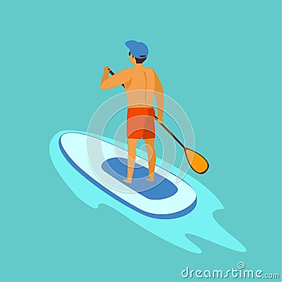 Man standup paddleboarding on water Vector Illustration