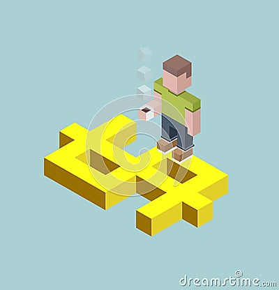 Man stay on giant dollar sign, isometric cubes composition. Vector Illustration