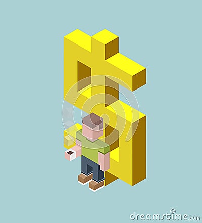 Man stay with giant dollar sign, isometric cubes composition. Financial success, valuable employee, savings, deposit, big profit c Vector Illustration
