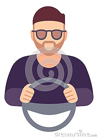 Man with steering wheel. Driver avatar. Chauffeur character Vector Illustration