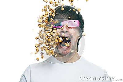 Man in stereo glasses eating popcorn Stock Photo