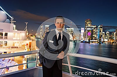 Man steward on ship board at night in miami, usa. Macho in suit jacket on city skyline. Water transport, transportation Stock Photo