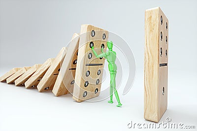 man stopped the falling domino effect, stop the chain reaction. Metaphor default, economic crisis, remission. 3D illustration, 3D Cartoon Illustration