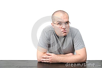 Man with strange face expression isolated on white background Stock Photo